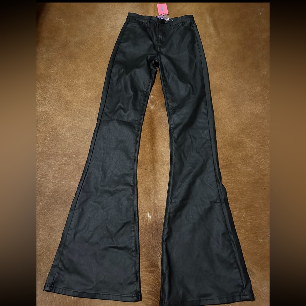 EDIKTED Faux Leather Flare Jeans